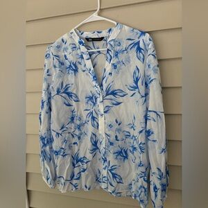 Zara Printed Cotton Blouse White with Blue Flowers, size Large